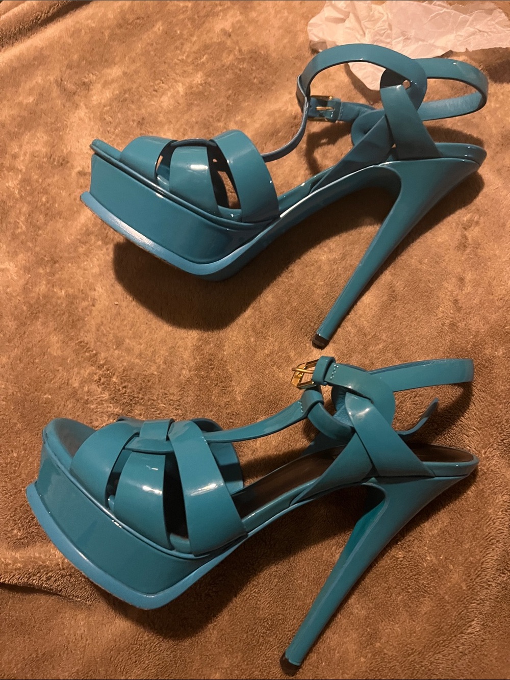 Yves Saint Laurent Patent Turquoise Platform Sandals